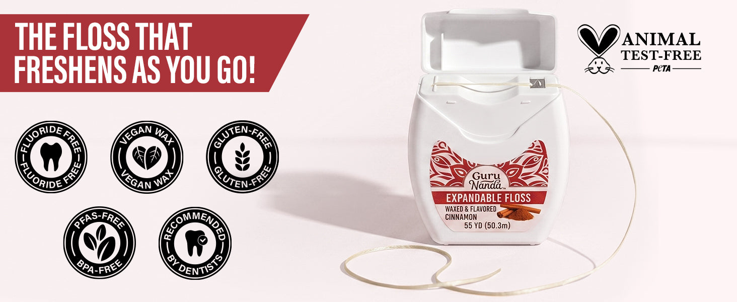 The floss that freshens as you go — fluoride-free, vegan wax, gluten-free, PFAS-free, BPA-free, recommended by dentists, and animal test-free (PETA).