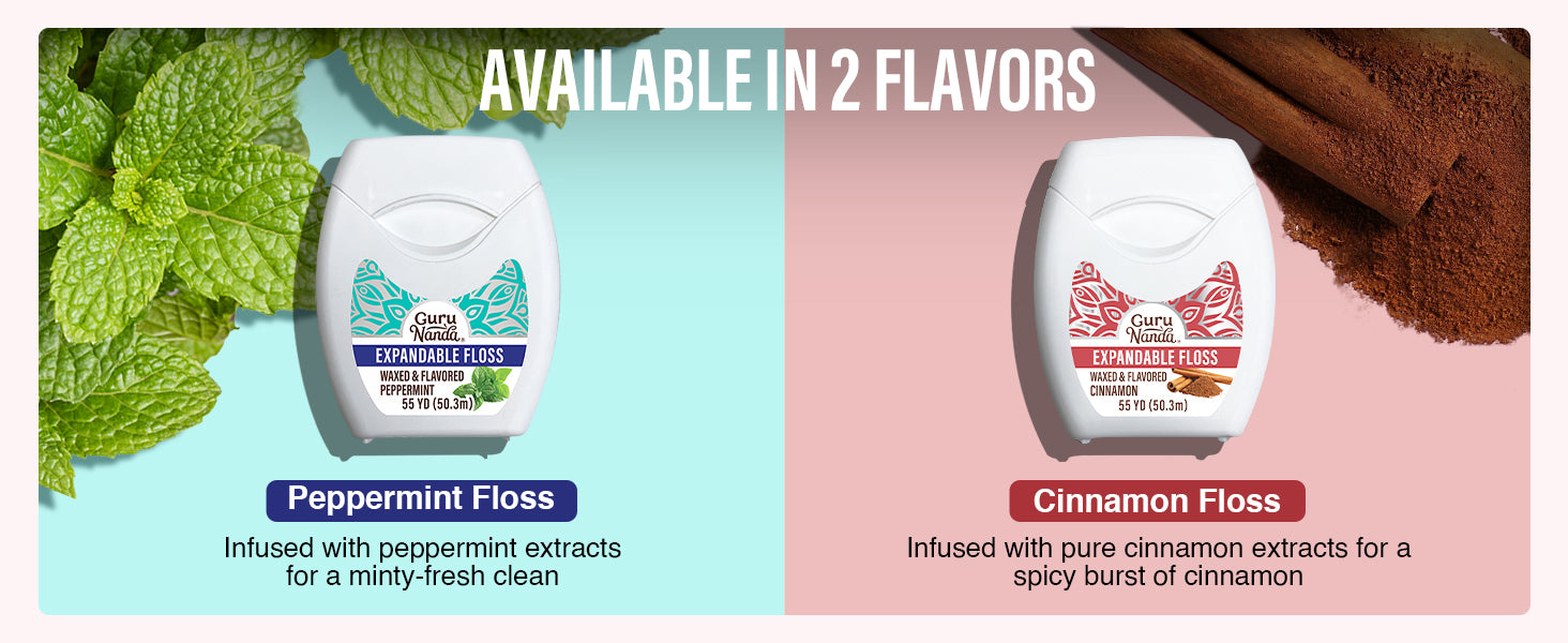 Available in two flavors: Peppermint Floss for a minty-fresh clean, and Cinnamon Floss for a spicy burst of cinnamon.