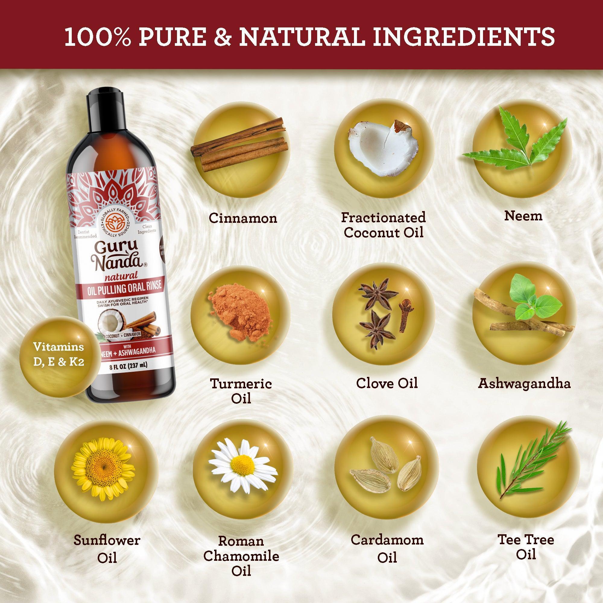 Coconut & Cinnamon Oil Pulling Flavor + Neem & Ashwagandha - 8 oz (12 Pack) - GuruNanda