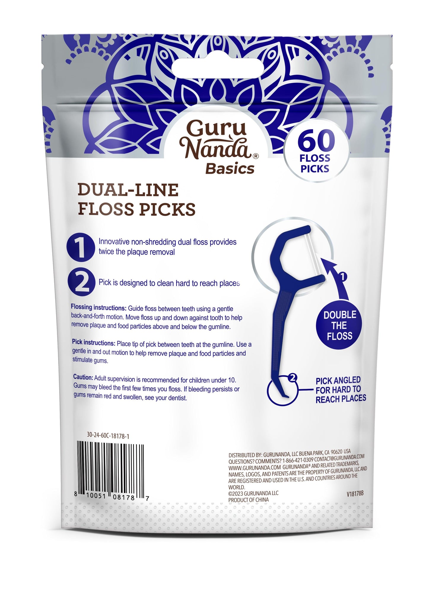 Dual-Line Floss Picks - 60 Count - GuruNanda
