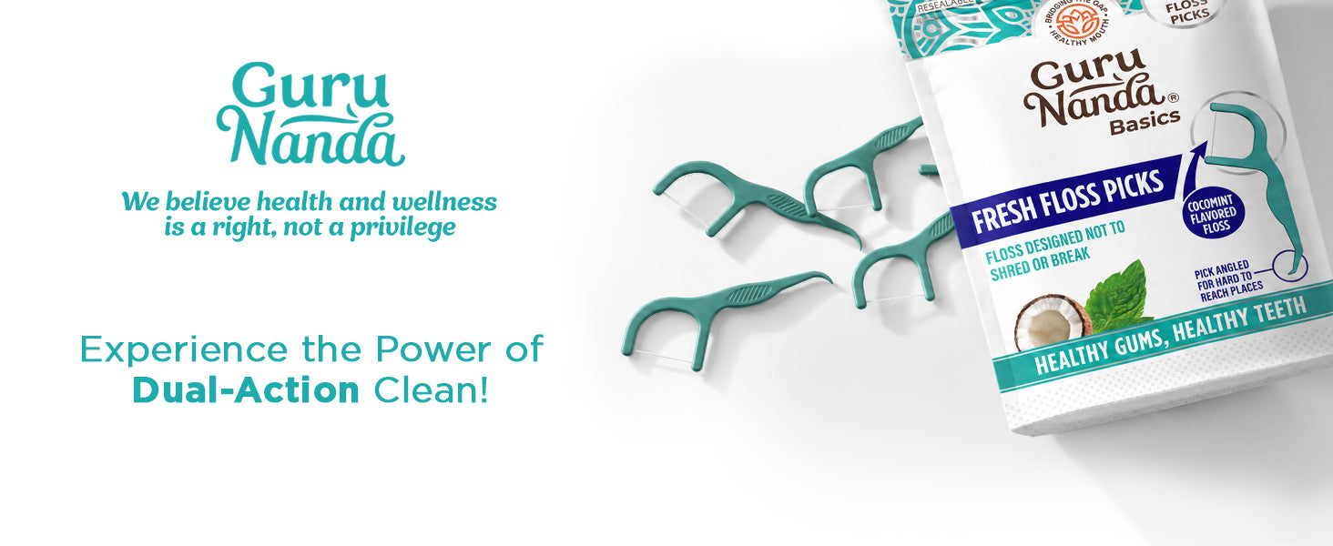GuruNanda Fresh Floss Picks 60-count pack — experience the power of dual-action clean.