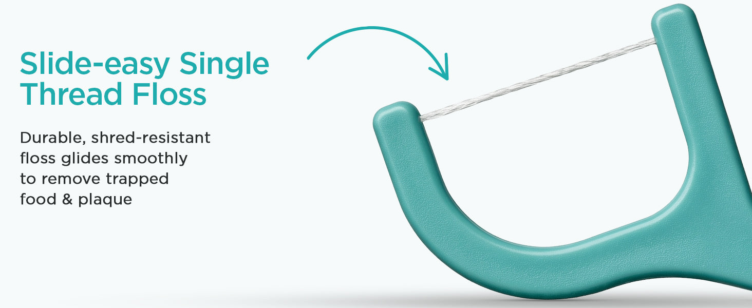 Slide-easy single thread floss — durable, shred-resistant floss glides smoothly to remove trapped food and plaque.
