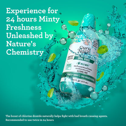 Fresh Mint Alcohol-Free Oral Rinse Mouthwash with 7 Essential Oils, Vitamins E,D &amp; K2 - 16 Fl oz - GuruNanda