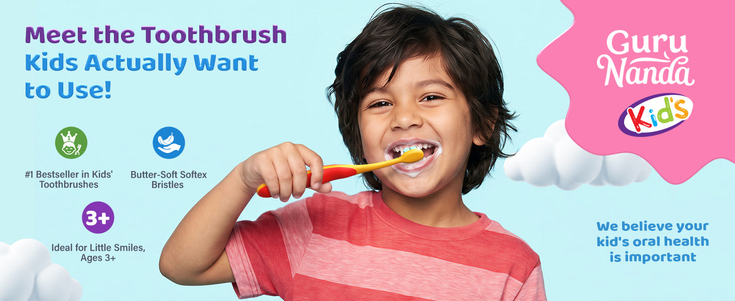 Meet the toothbrush kids actually want to use — GuruNanda Kids Butter on Gums, #1 bestseller in kids' toothbrushes with butter-soft Softex bristles, ideal for little smiles ages 3+
