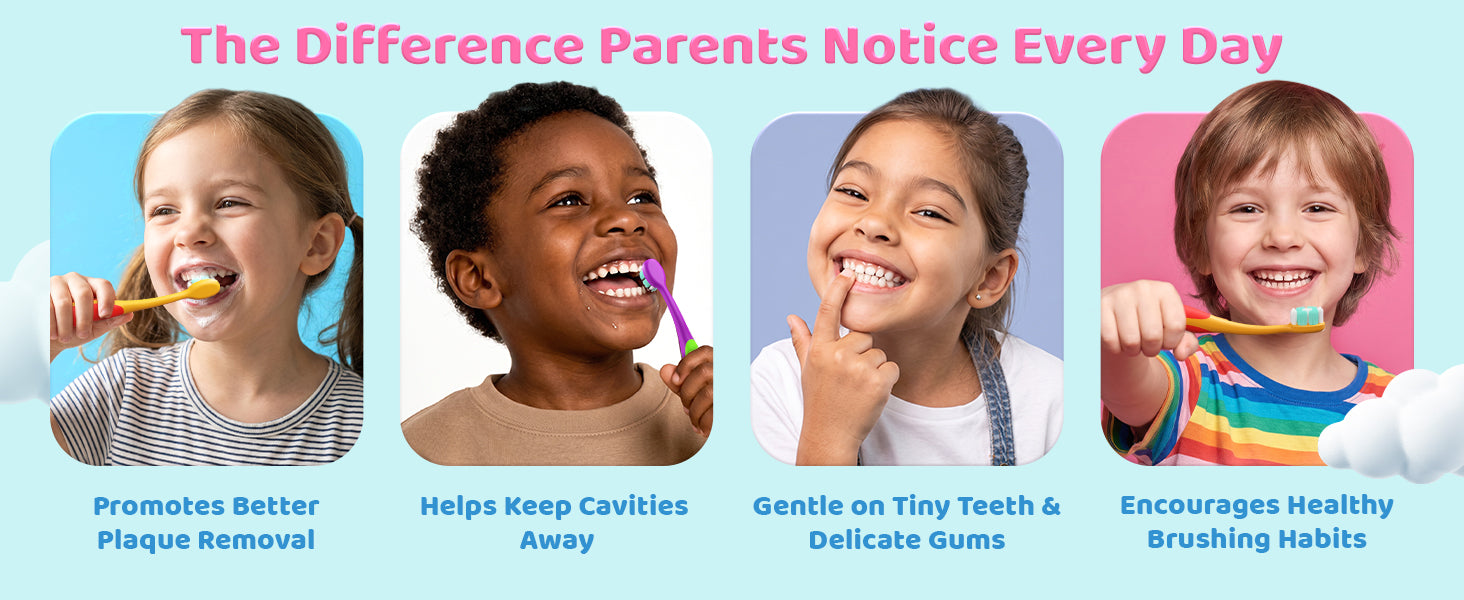 The difference parents notice every day — promotes better plaque removal, helps keep cavities away, gentle on tiny teeth and delicate gums, and encourages healthy brushing habits