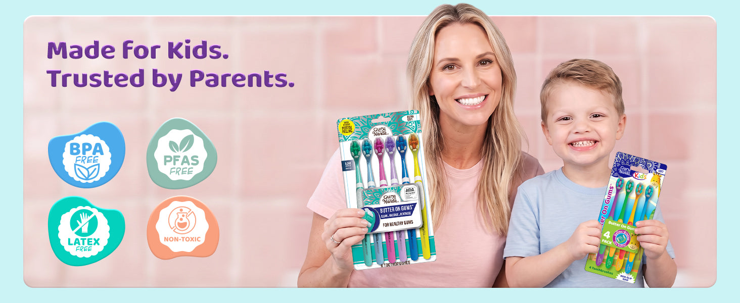 Made for kids, trusted by parents — GuruNanda Kids Butter on Gums 4-pack is BPA-free, PFAS-free, latex-free, and non-toxic