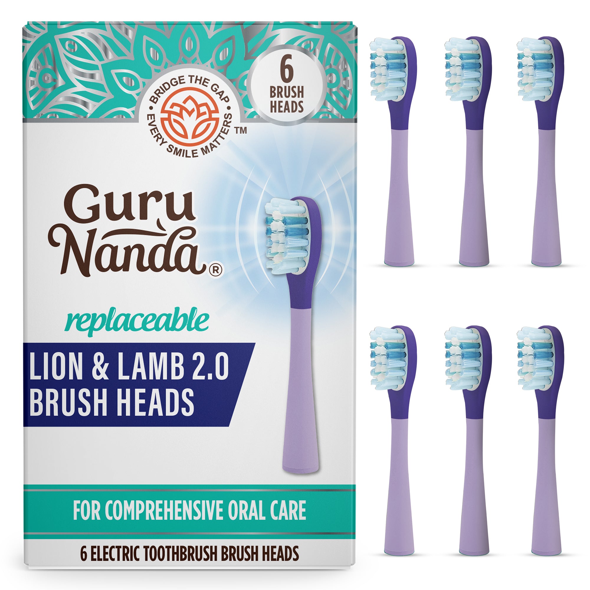 GuruNanda Lion &amp; Lamb 2.0 Replacement Brush Head (Pack of 6) - Lavender