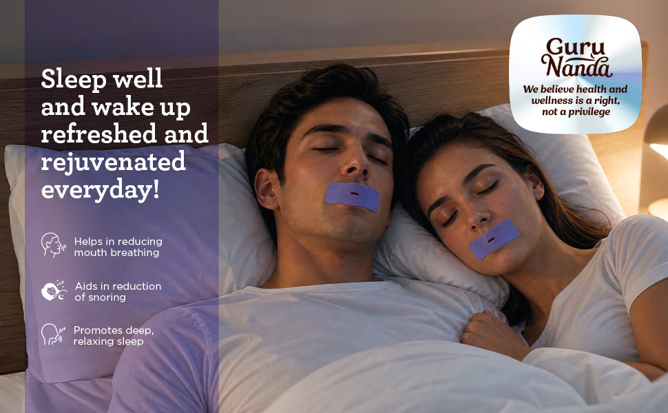 Couple sleeping with GuruNanda lavender mouth tape — sleep well and wake refreshed; helps reduce mouth breathing and snoring and promotes deep, relaxing sleep