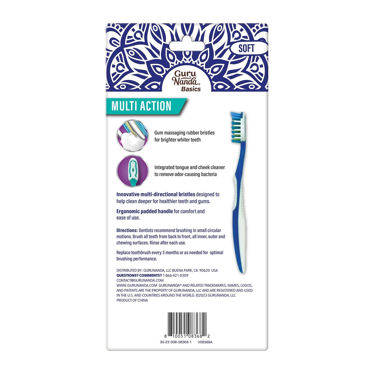 Multi-Action Toothbrush with Tongue Cleaner - Pack of 8 - GuruNanda