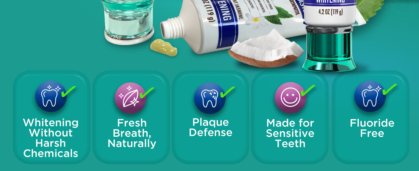 Whitening without harsh chemicals, fresh breath naturally, plaque defense, made for sensitive teeth, and fluoride free