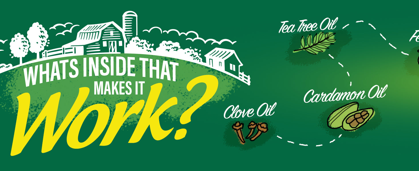 What's inside that makes it work: a farm-to-bottle blend of tea tree oil, clove oil, and cardamom oil.