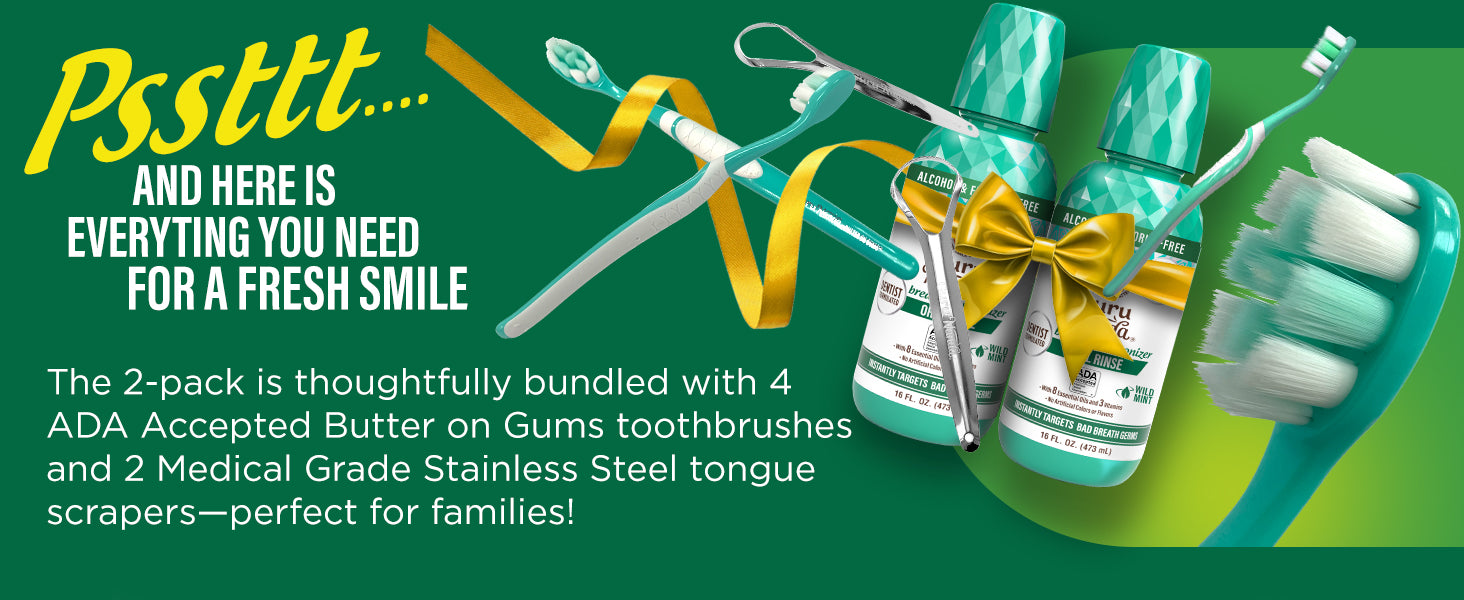 The 2-pack is bundled with 4 ADA-accepted Butter on Gums toothbrushes and 2 medical-grade stainless steel tongue scrapers — everything you need for a fresh smile.