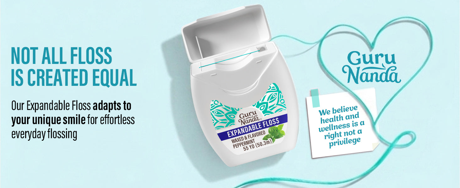 GuruNanda Peppermint Expandable Floss, 55 yards — our expandable floss adapts to your unique smile for effortless everyday flossing.