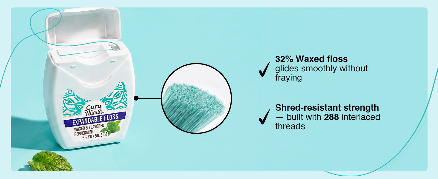 32% waxed floss glides smoothly without fraying, with shred-resistant strength built from 288 interlaced threads.
