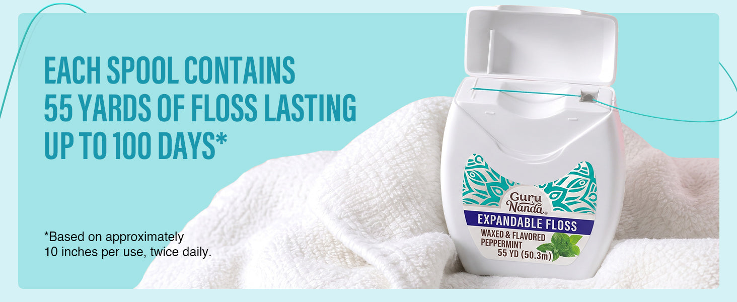 Each spool contains 55 yards of floss, lasting up to 100 days based on approximately 10 inches per use, twice daily.