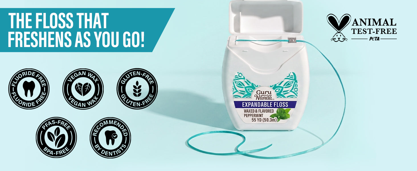 The floss that freshens as you go — fluoride-free, vegan wax, gluten-free, PFAS-free, BPA-free, recommended by dentists, and animal test-free (PETA).