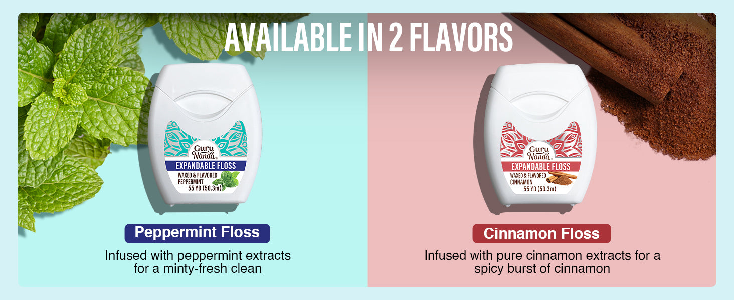 Available in two flavors: Peppermint Floss for a minty-fresh clean, and Cinnamon Floss for a spicy burst of cinnamon.