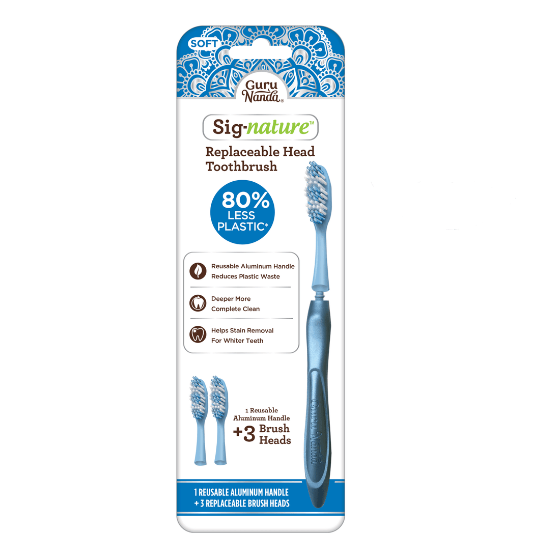 Sig-nature Aluminum Reusable Toothbrush + 3 Replacement Brush Heads - GuruNanda