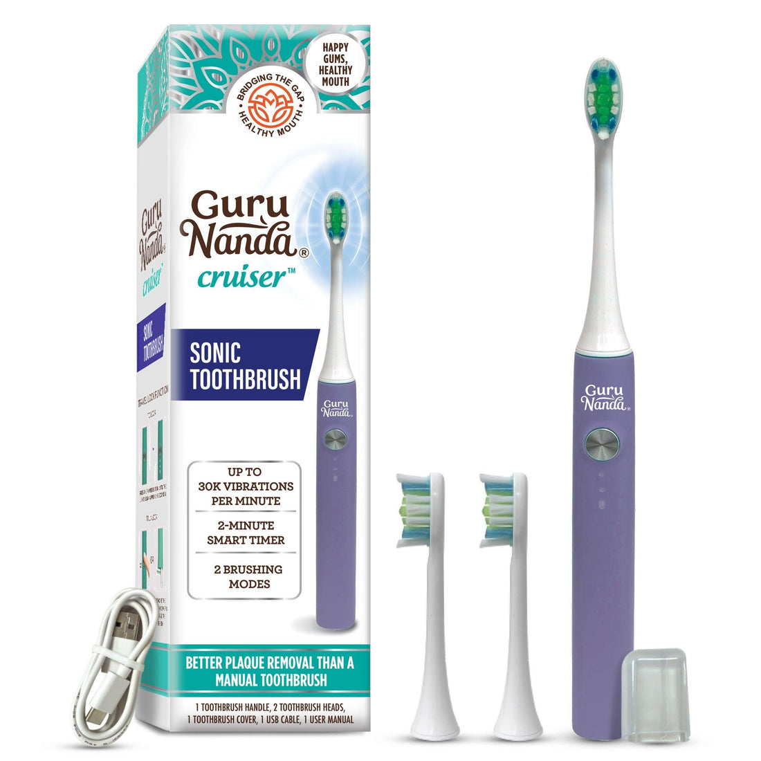 Sonic Cruiser Toothbrush With 2 Brush Heads - Lavender - GuruNanda
