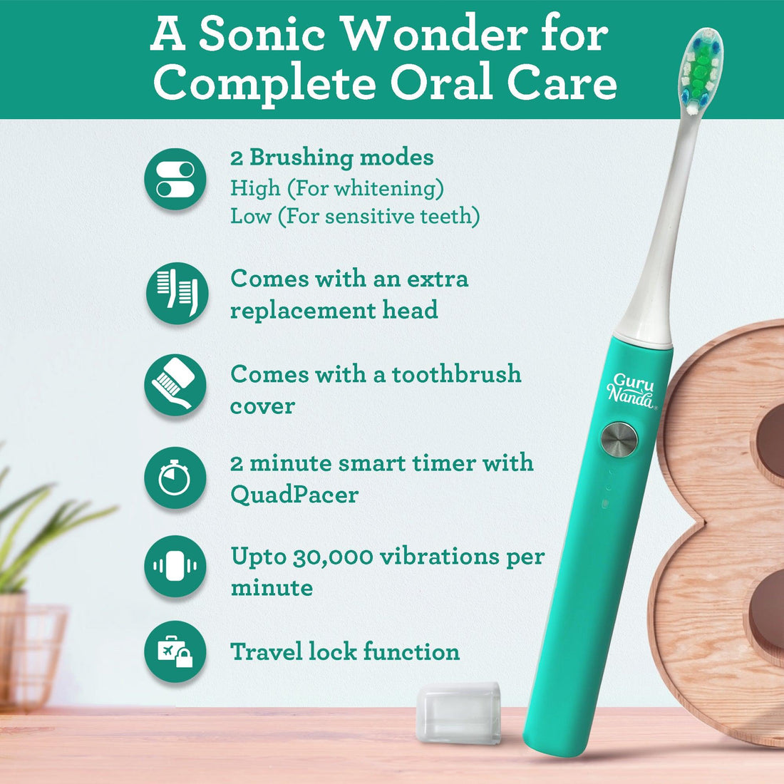 Sonic Cruiser Toothbrush With 2 Brush Heads - Teal - GuruNanda