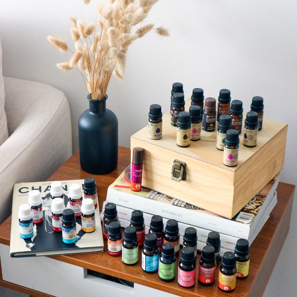 Guru Nanda Essential Oil Blends with Wooden Storage Box- Set of 12 , Various Scents, 10ml